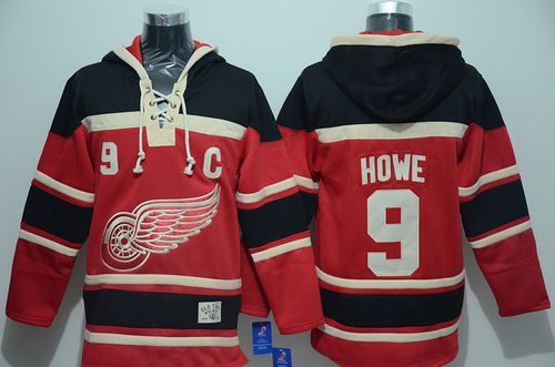 Red Wings #9 Gordie Howe Red Sawyer Hooded Sweatshirt Stitched NHL Jersey - Click Image to Close